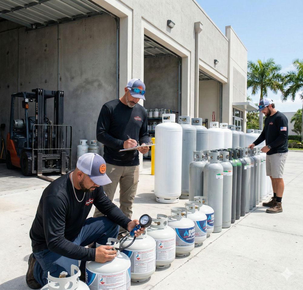 Propane cylinders of various sizes lined up at Blue Flame Professional Service in Riviera Beach Florida
