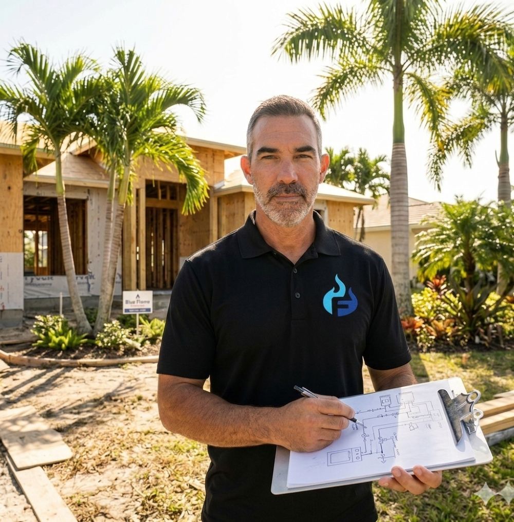 Gas engineer reviewing residential gas system plans at a new construction home in Palm Beach County Florida
