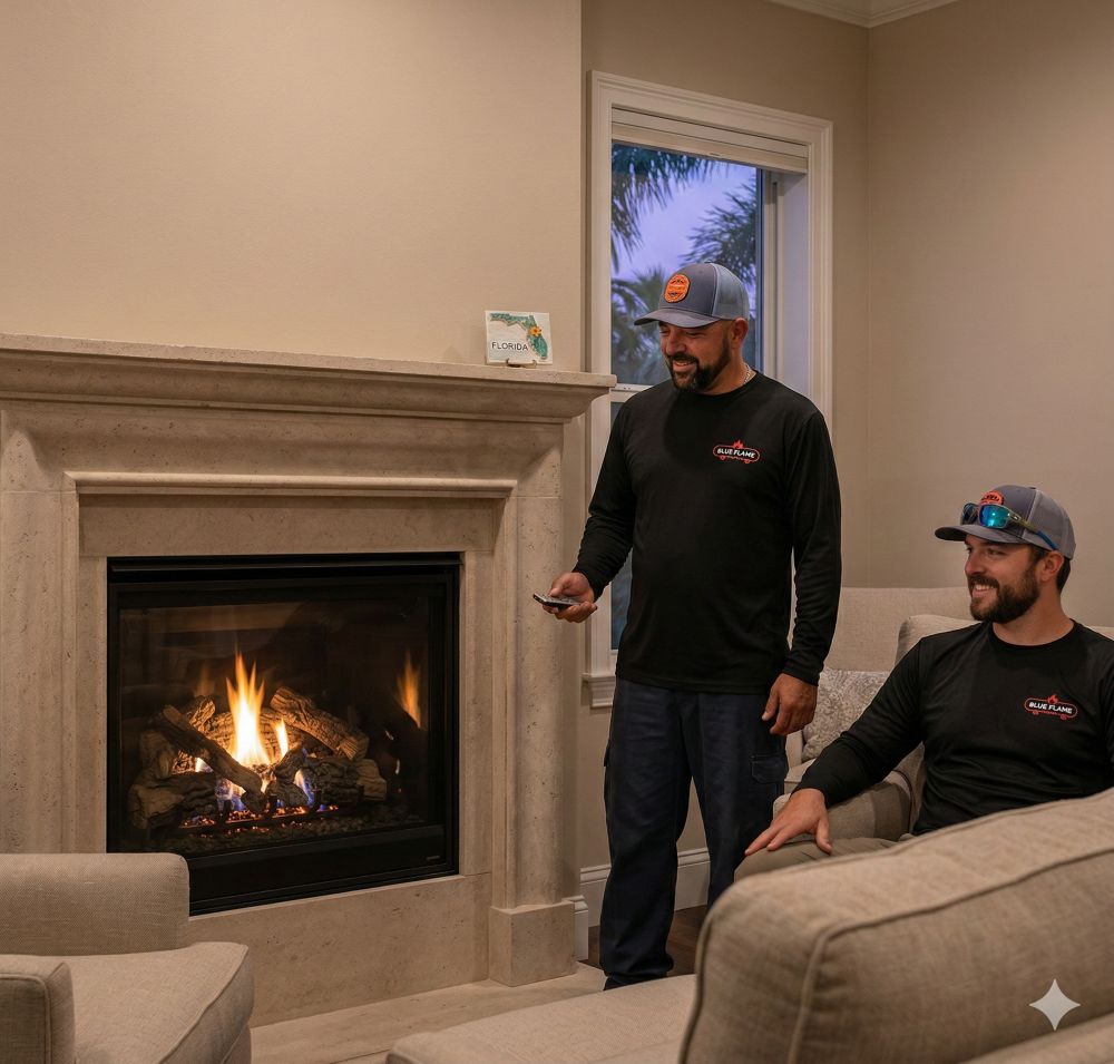 Gas log fireplace burning in a cozy South Florida living room installed by Blue Flame Professional Service