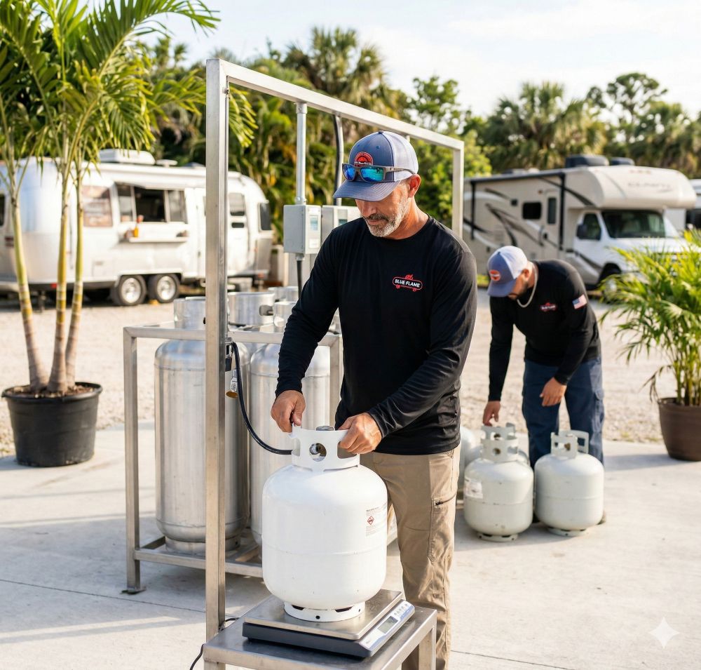 Propane supplier technician refilling a 20-pound propane cylinder at a Riviera Beach Florida refill station