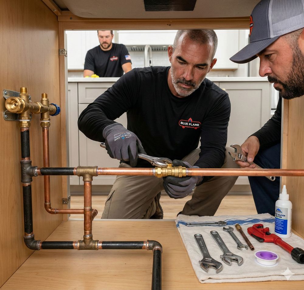 Professional gasfitter connecting brass gas fittings to copper pipe in a South Florida home
